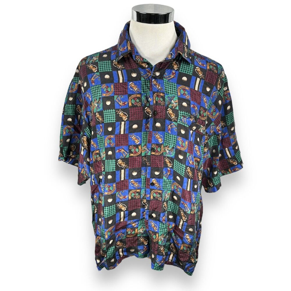 Addiction Bolero Golf AOP Shirt Men's XL Blue Green Hawaiian Button Up 100% Silk